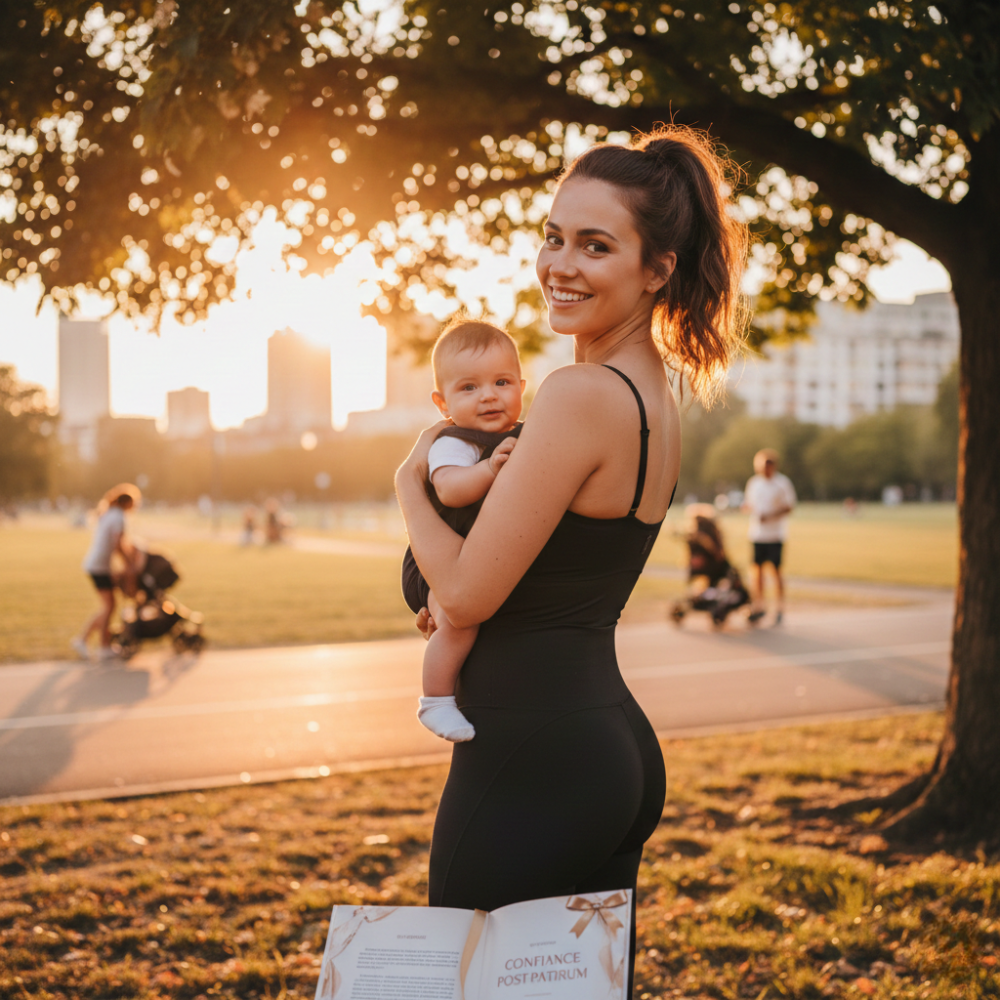 Jeune maman souriante en tenue sculptante Gabmood portant son bébé dans un parc, illustrant la reprise de confiance en soi post-partum. Image