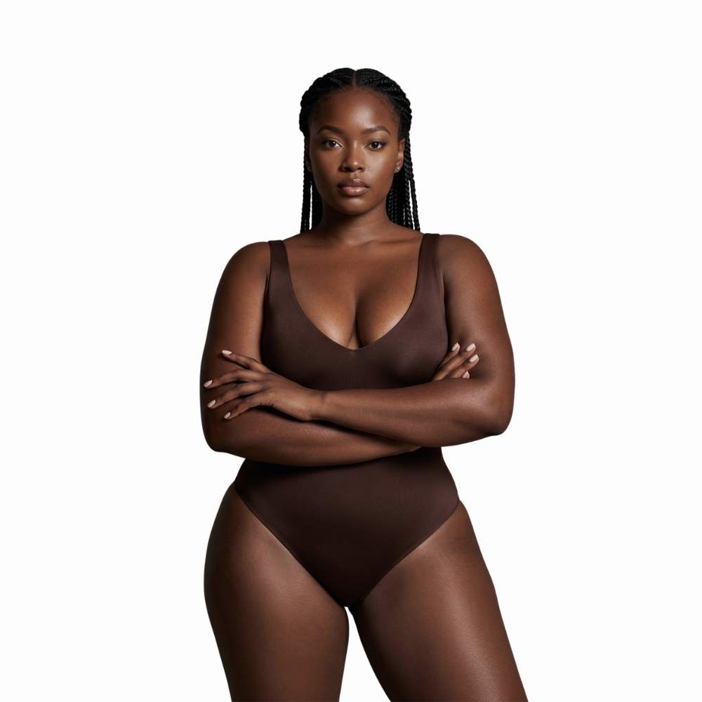 Body sculptant Signature Gabmood coloris chocolat. Mannequin de profil dans un décor minimaliste, montrant le galbe parfait et l'élégance invisible de la maille Silk-Sculpt. Image