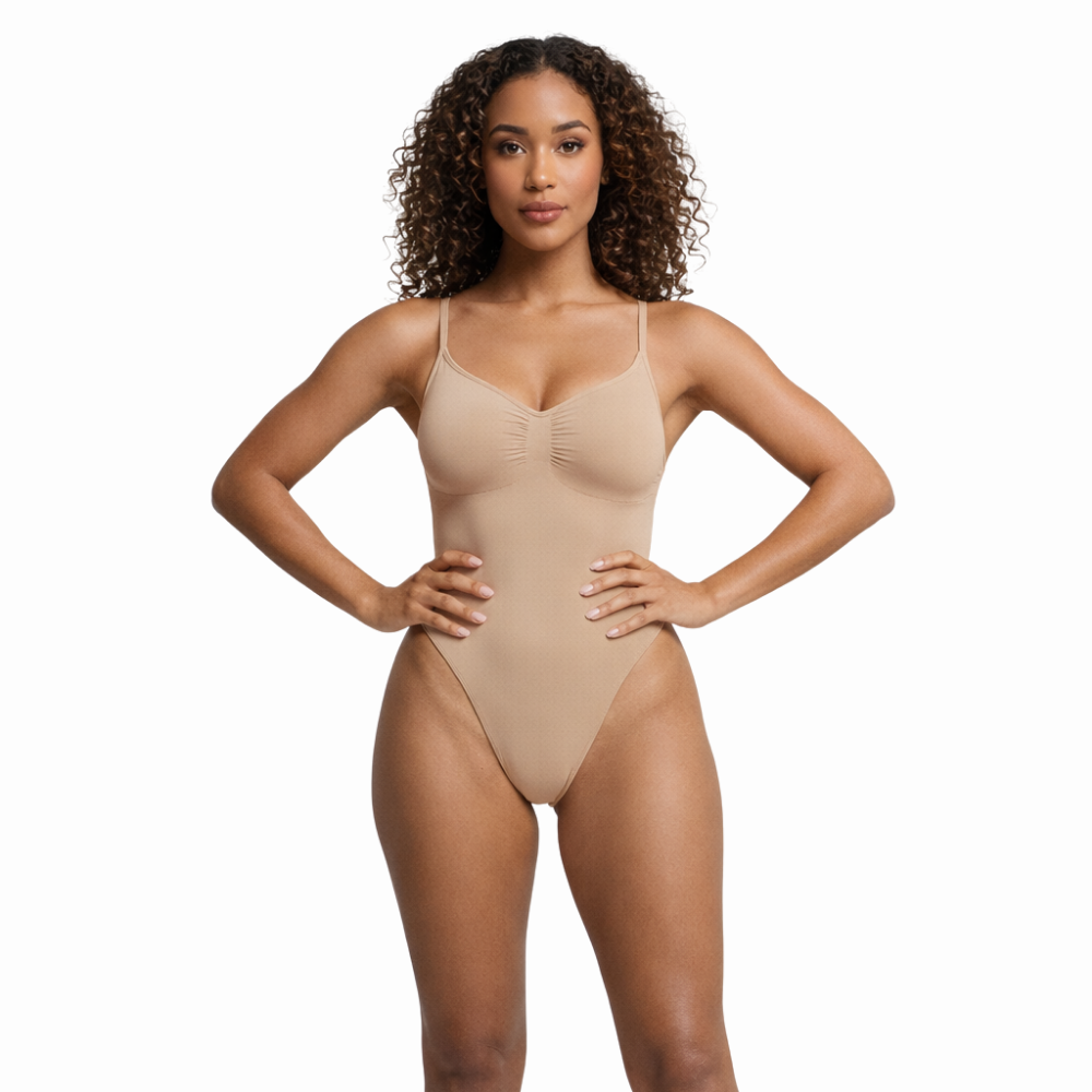 Body sculptant beige col V plongeant dos nu pour un ventre plat