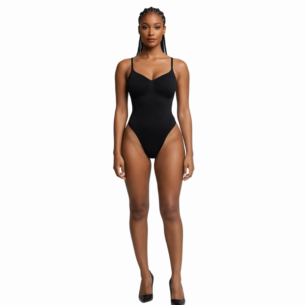 Body sculptant noir col V plongeant dos nu pour un ventre plat