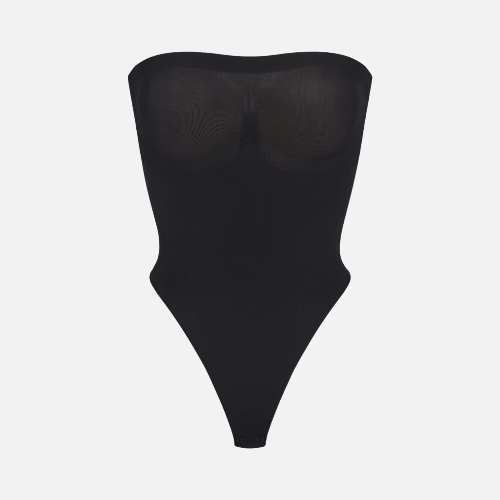 étail des finitions sans couture et de la maille Silk-Sculpt™ sur le body bustier noir Gabmood.