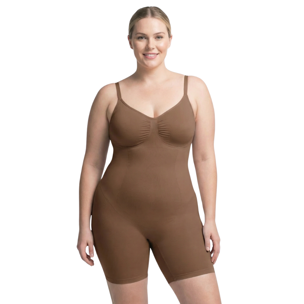 Lingerie sculptante mi‑cuisse marron, bretelles ajustables