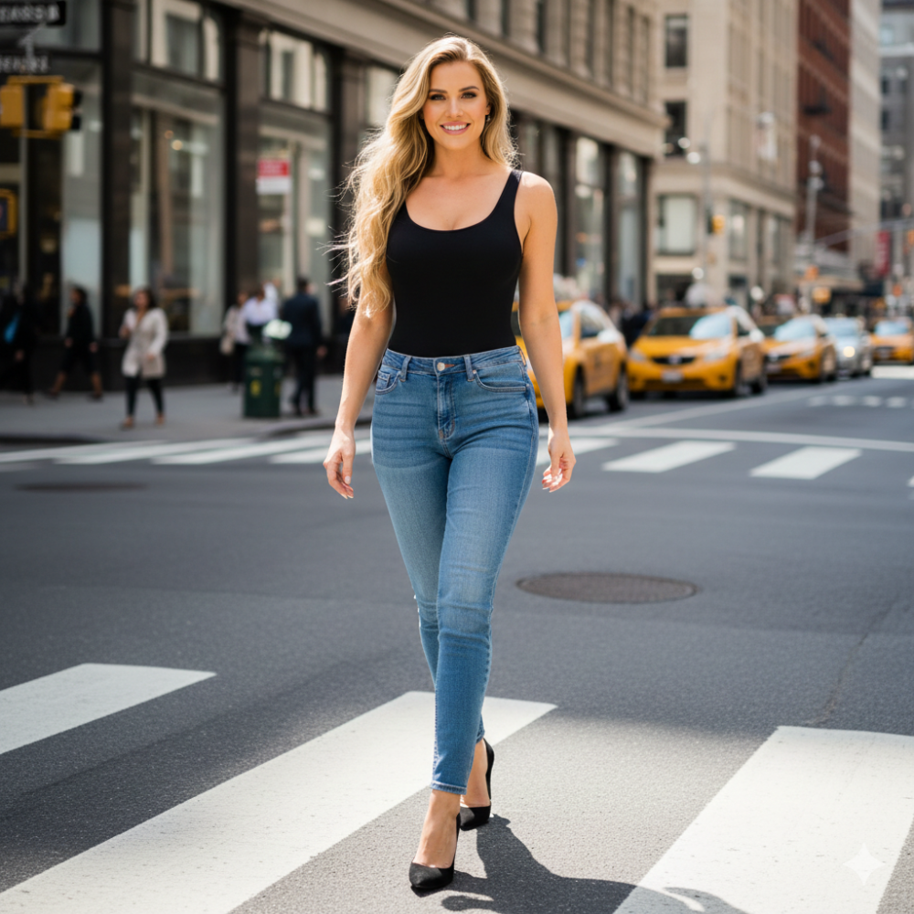 Body mi-cuisse  noir  avec un jean slim pour une silhouette lissée