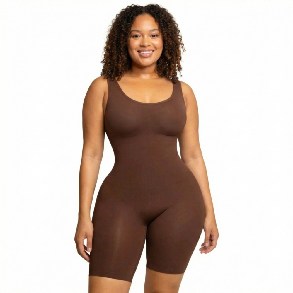 Lingerie sculptante mi‑cuisse marron, coupe anti‑frottement
