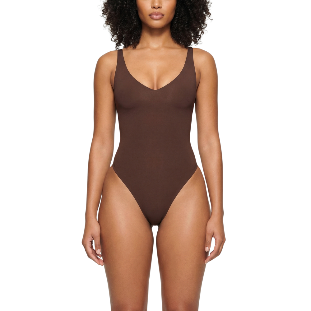 Body sculptant string dos nu marron pour invisibilité totale sous les vêtements