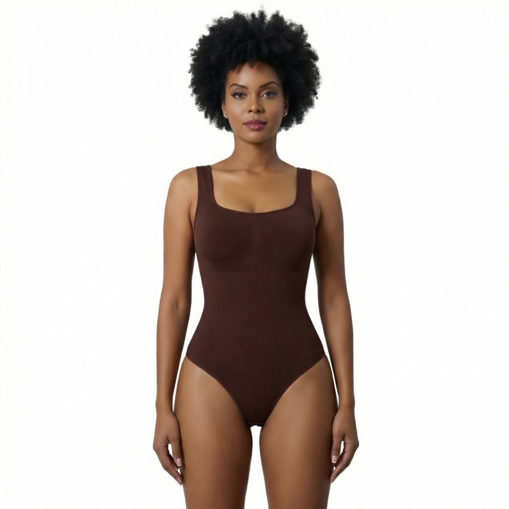Détail des finitions du col carré et de la texture microfibre respirante sur le body de maintien noir Onyx.