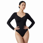 Body sculptant manches longues col V noir effet ventre plat