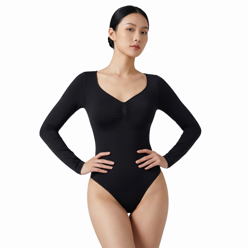 Body sculptant manches longues col V noir effet ventre plat