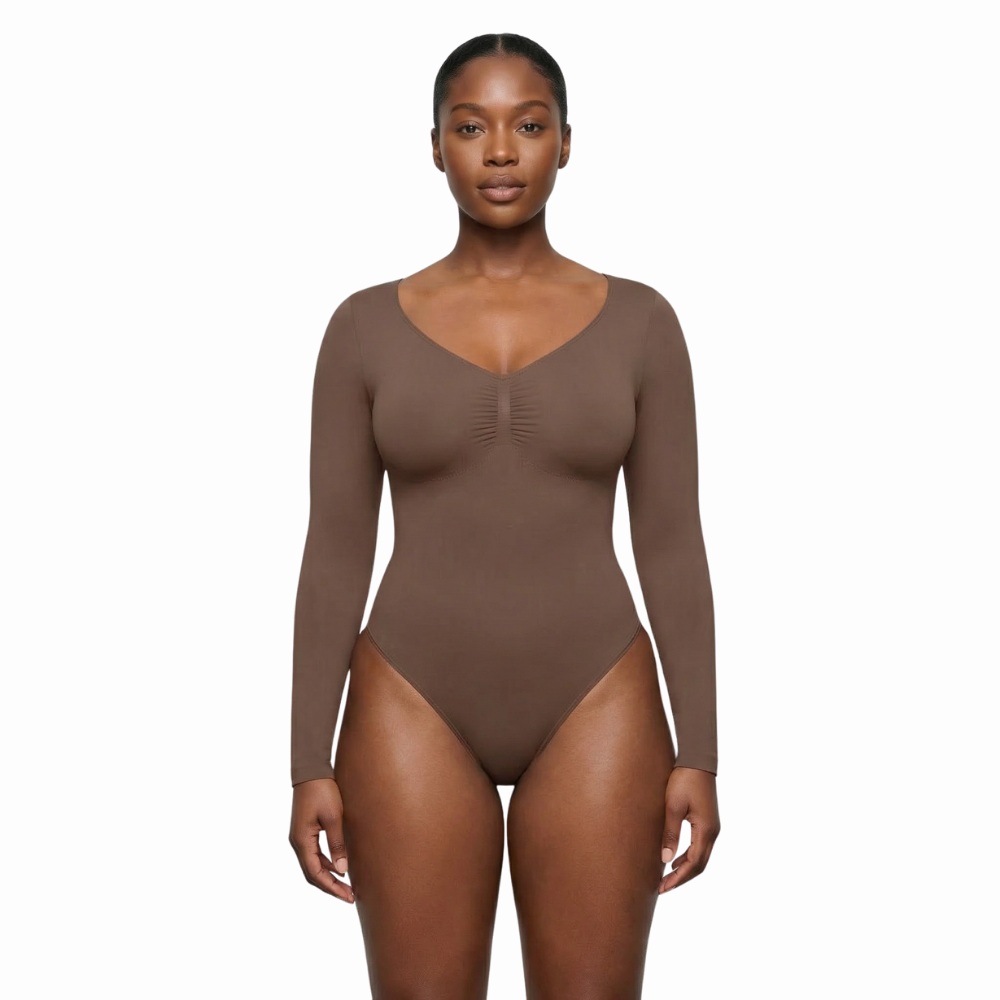 Body sculptant manches longues col V marron effet ventre plat