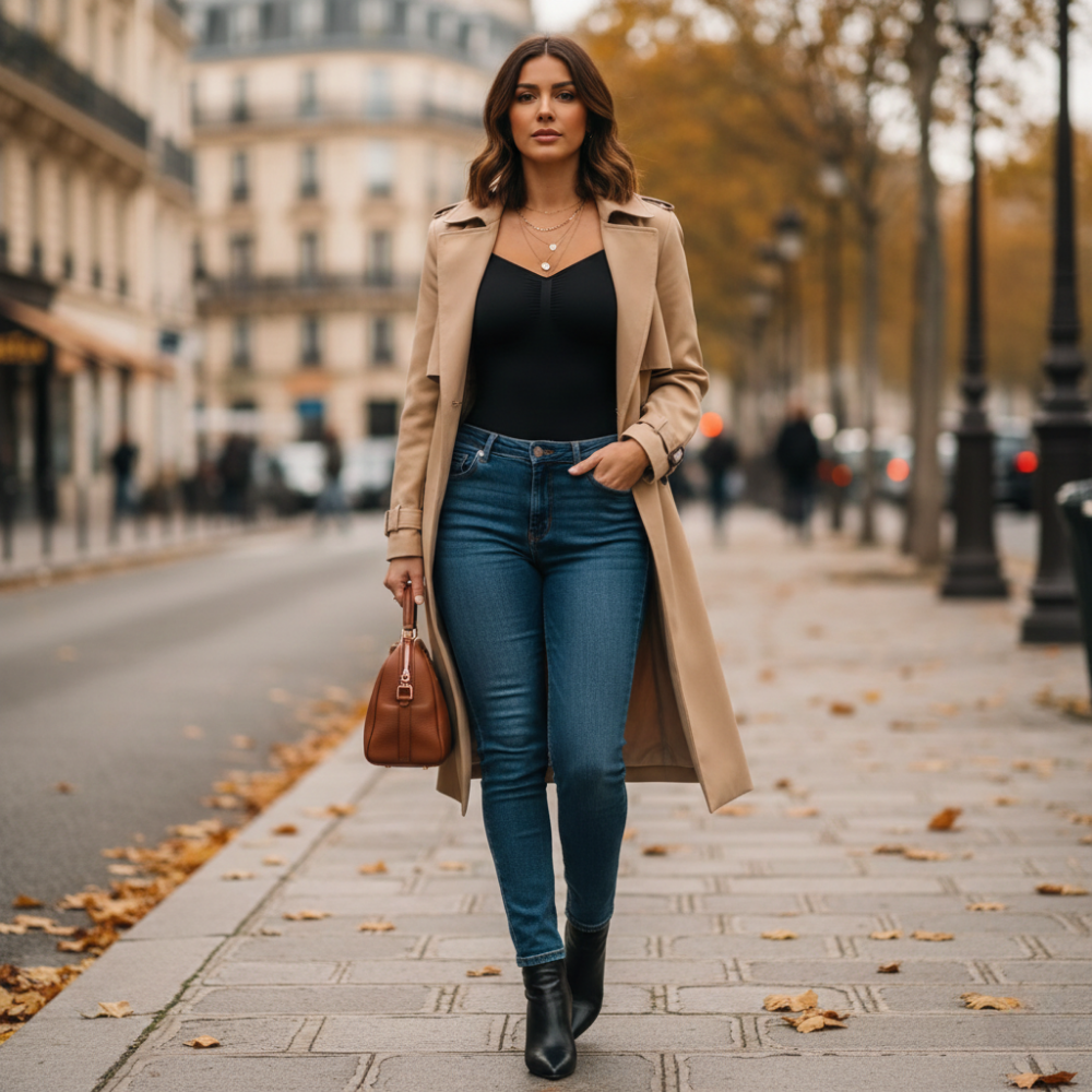 Body sculptant sans couture Gabmood porté en haut fluide avec un jean taille haute  et un trench pour un rendu net.