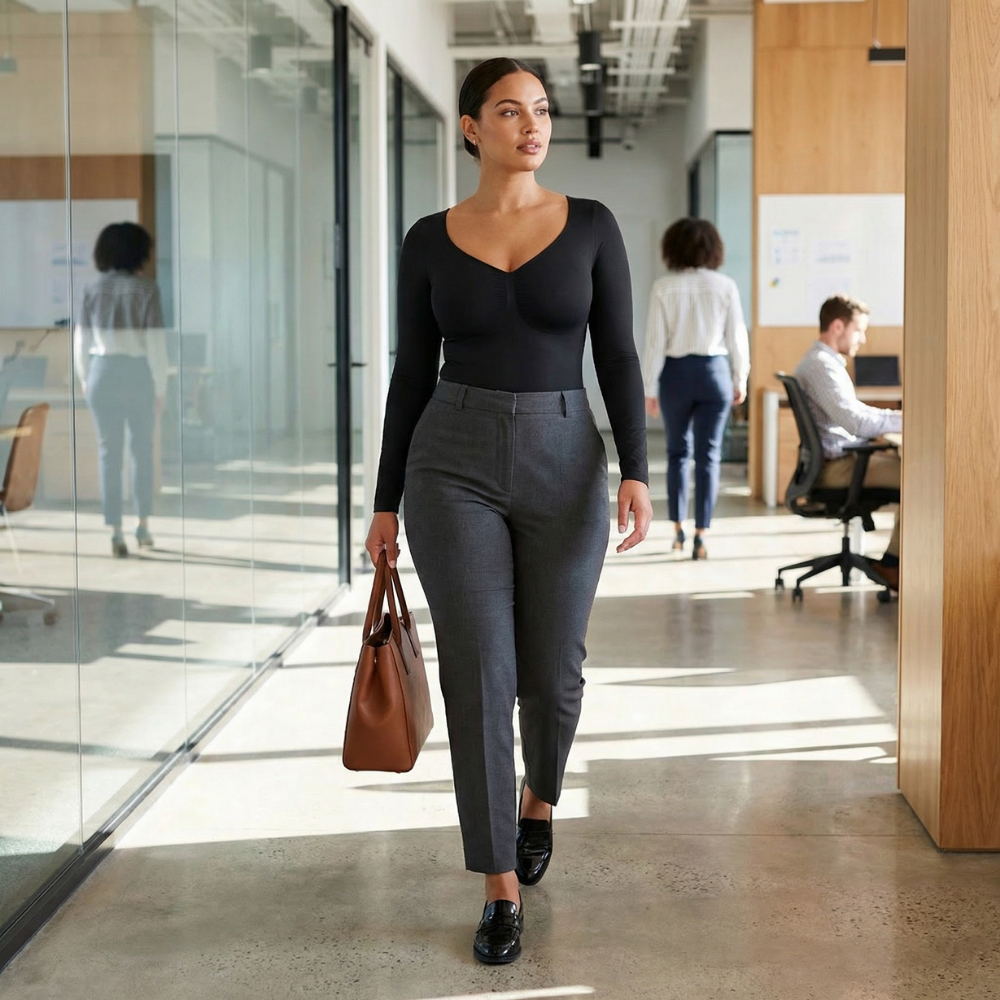 Top body noir col V manches longues avec pantalon tailleur