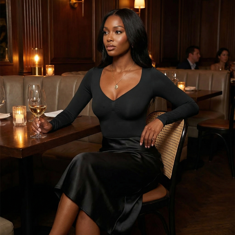 Tenue de soirée élégante avec body sculptant manches longues