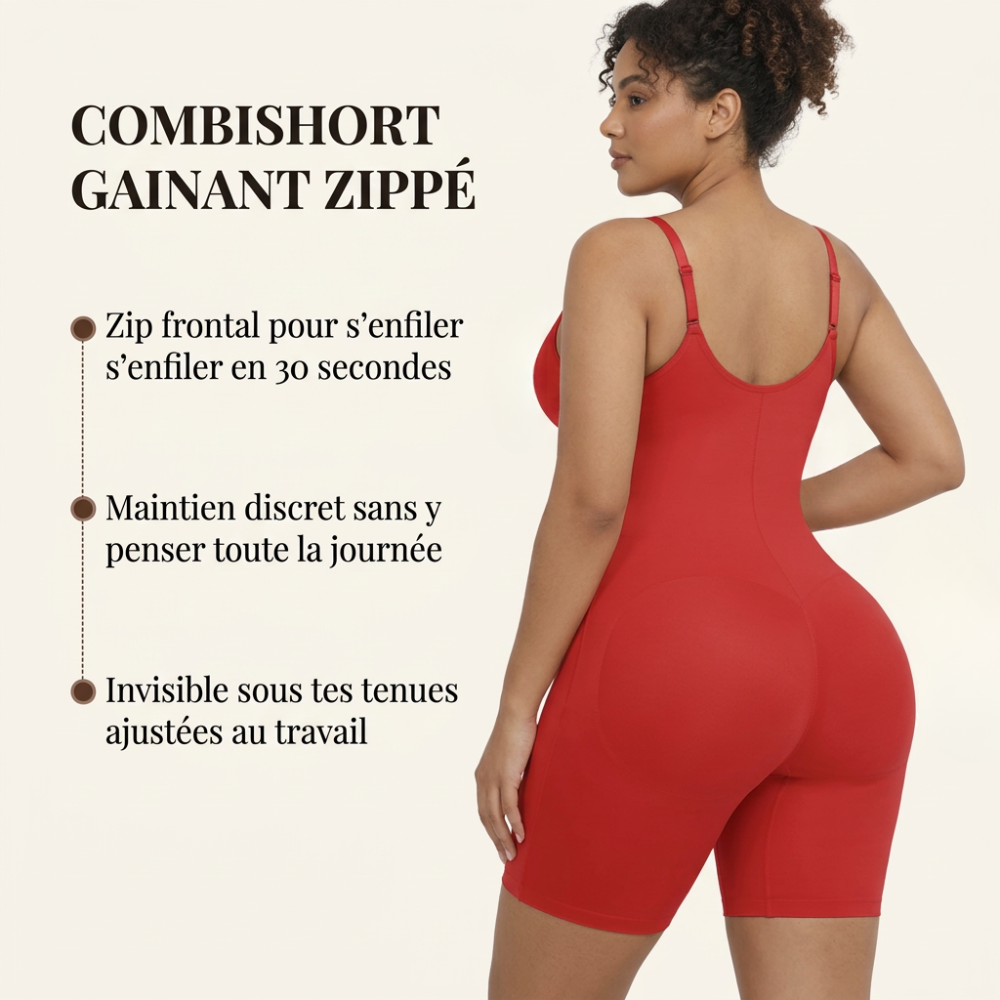 Vue de dos du combishort gainant zippé rouge push-up - Gabmood