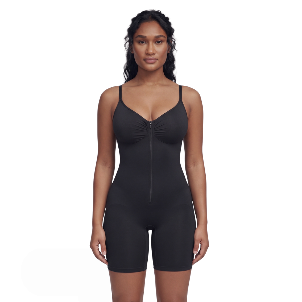 Combishort gainant zippé noir effet ventre plat vue de face - Gabmood