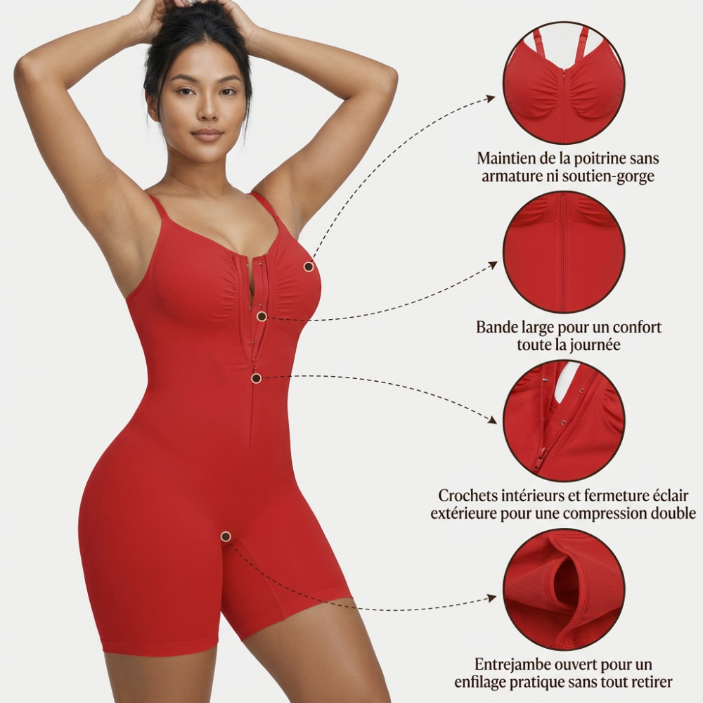 Vue de profil du combishort amincissant zippé rouge - Gabmood
