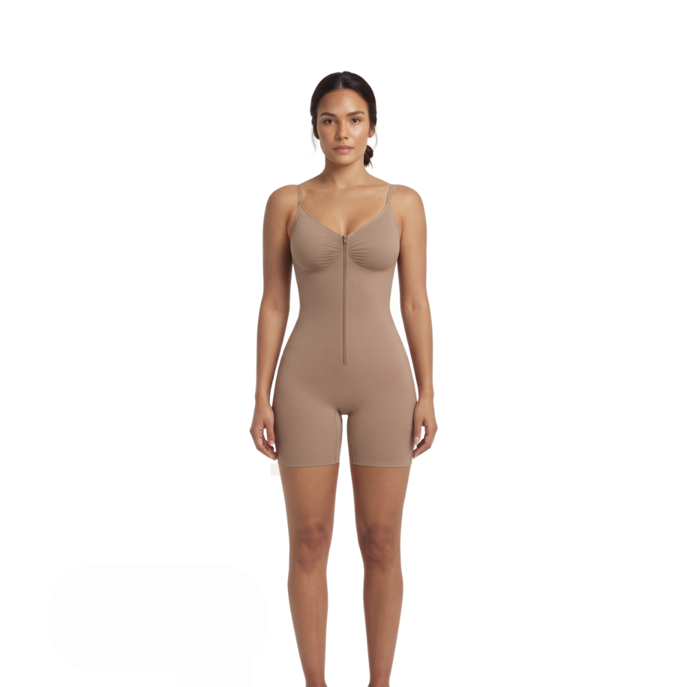 Combishort sculptant zippé kaki haute compression vue de face - Gabmood
