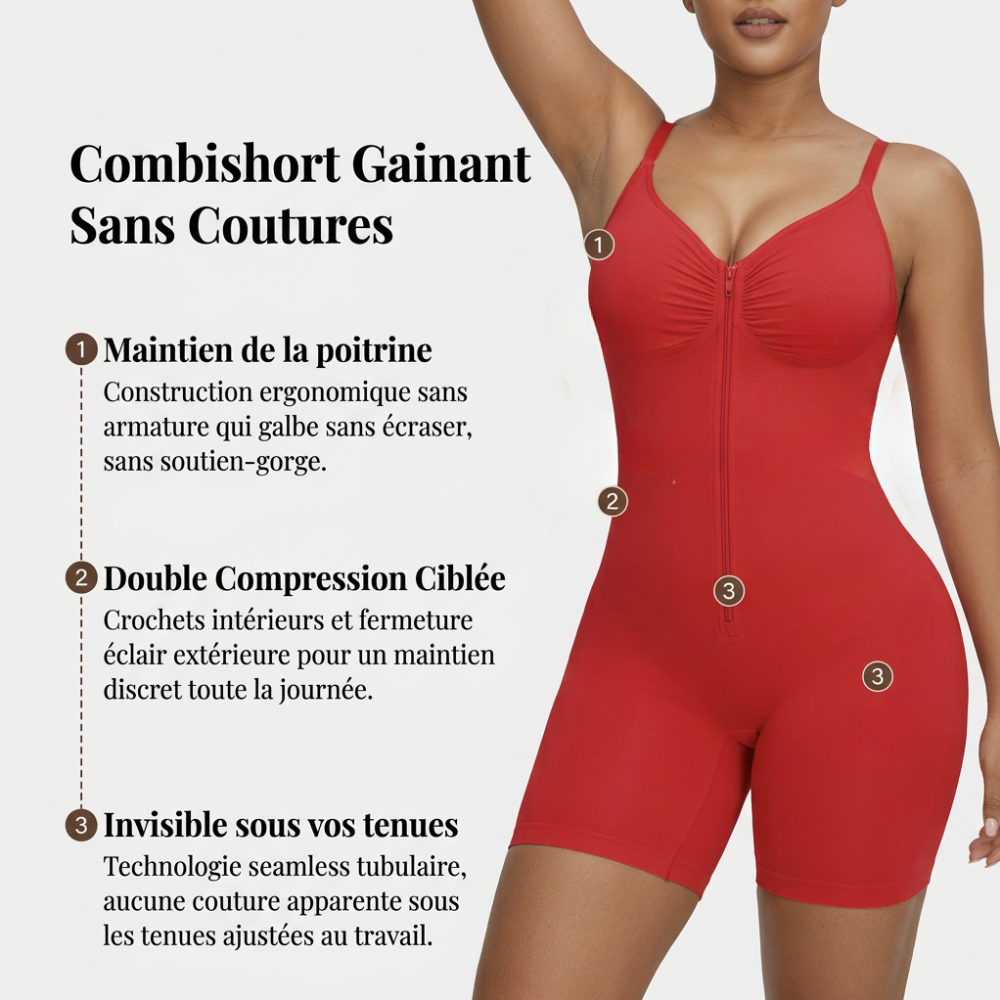 Combishort gainant zippé rouge effet ventre plat vue de face - Gabmood