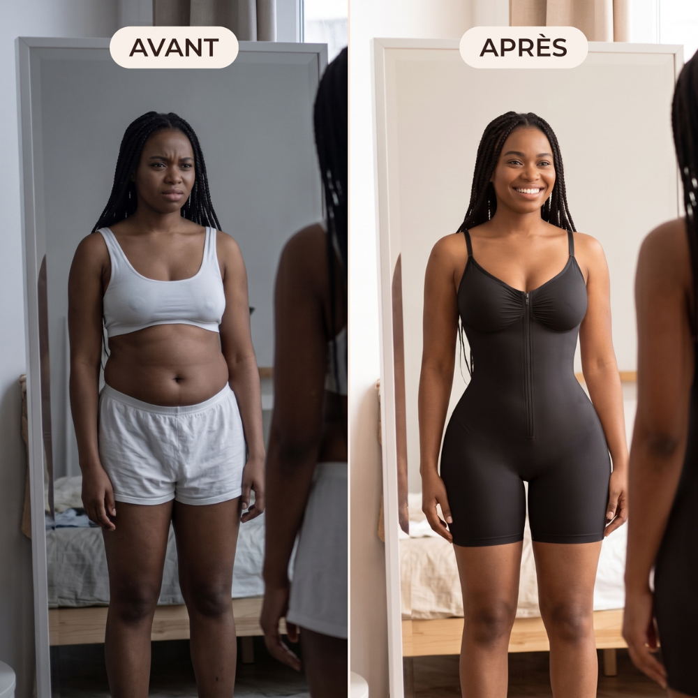 Résultat avant après avec le combishort gainant zippé ventre plat - Gabmood