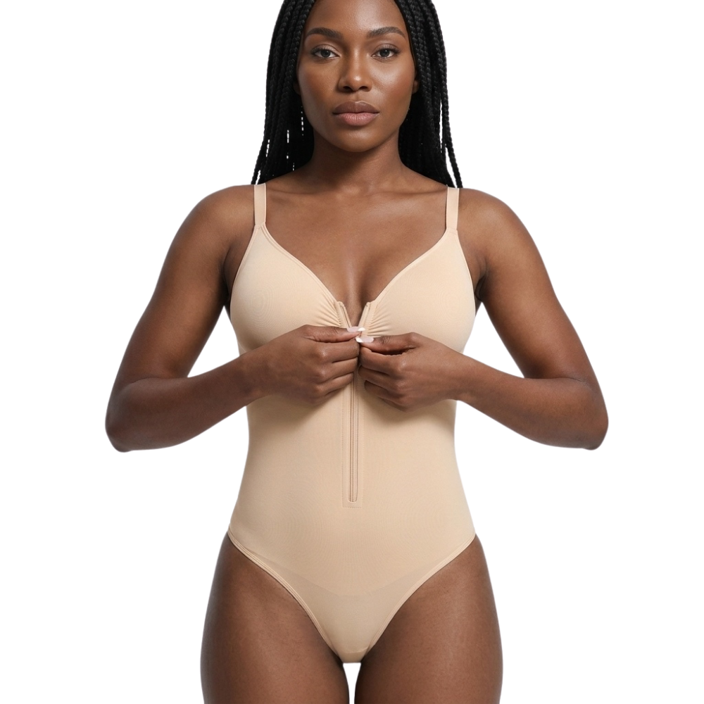 Gros plan sur la fermeture zippée et les crochets du body gainant