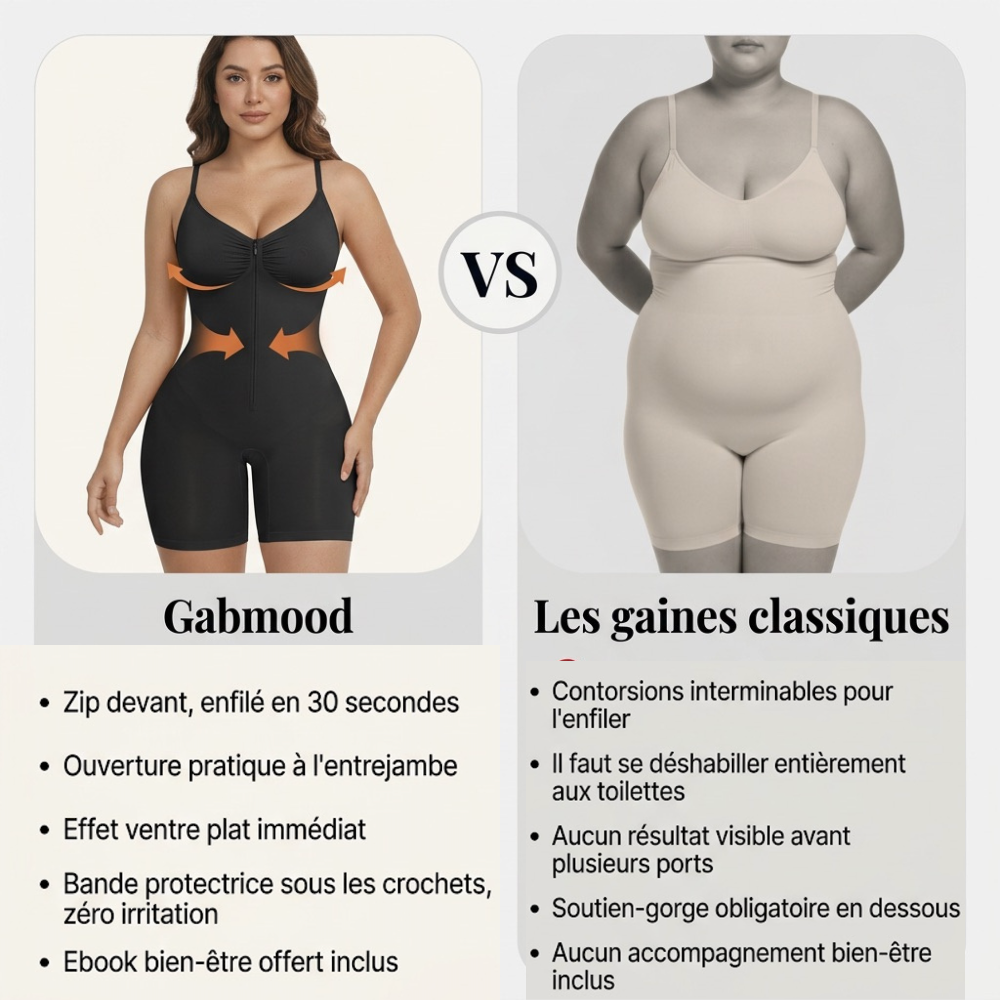 Gros plan sur le zip frontal et les crochets du combishort gainant - Gabmood